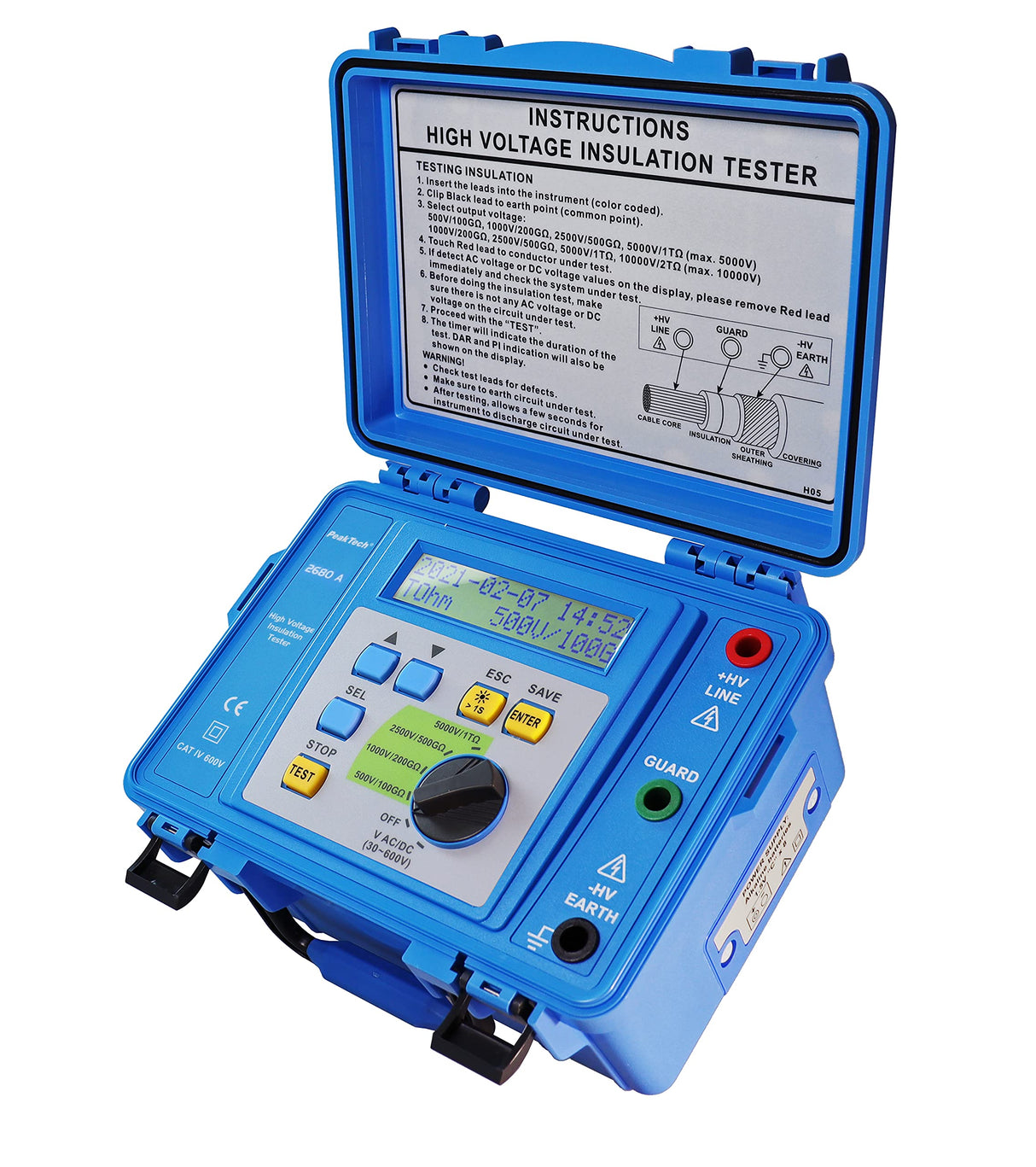 PeakTech P 2680 A - Medidor de Aislamiento, Alta tensión, 500/1000/2500/5000 V, 300 GOhm