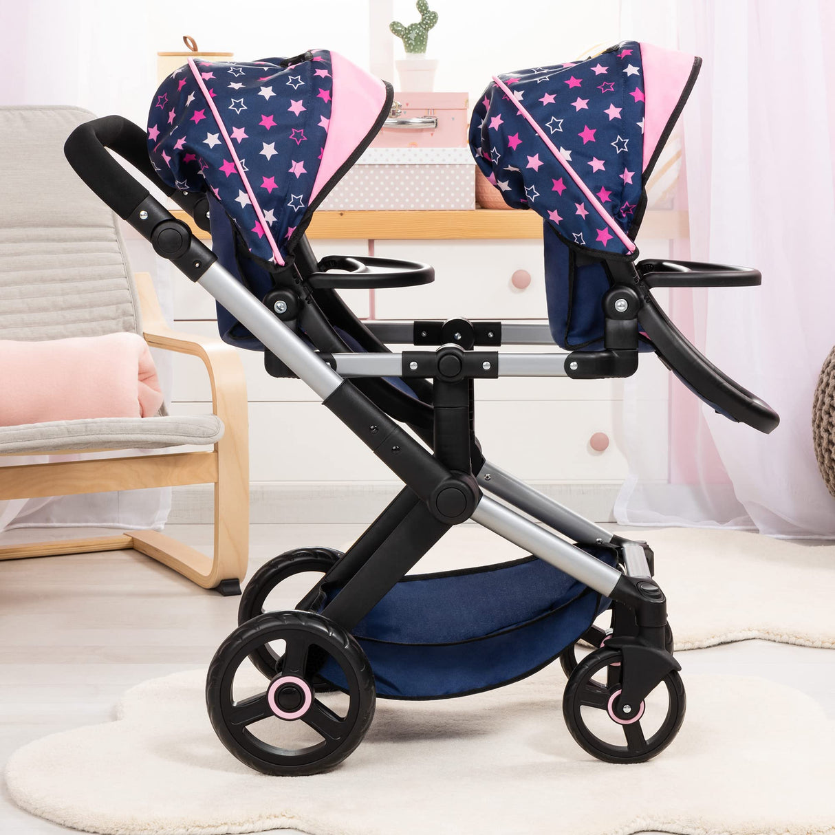 Bayer Design 26716AA Twin Xeo Cochecito de muñeca gemelas, Carrito Doble para muñecos, Altura Regulable, Ruedas Delanteras móviles, Bolsa