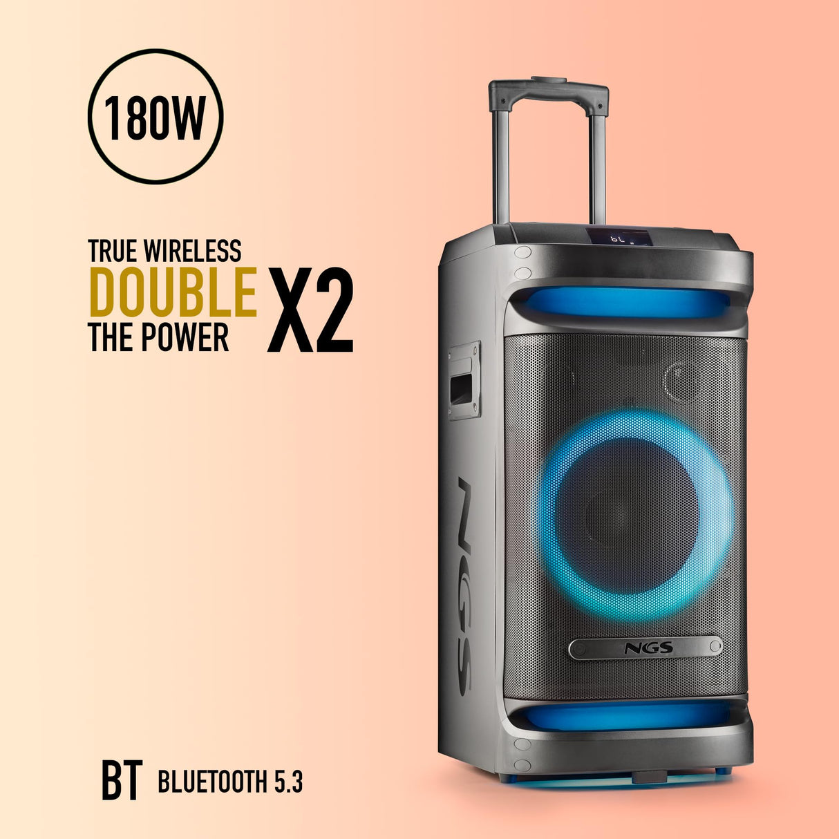 NGS Wild Space 1 - Altavoz portátil Compatible con Tecnología Bluetooth y True Wireless Stereo, Subwoofer + Doble Tweeter (Micro SD/USB/AUX IN/), Ruedas, Color Negro