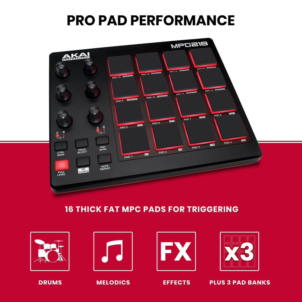 AKAI Professional MPD218 - Controlador de pad MIDI/máquina de pad de percusión/creador de ritmos con 16 pads, controles asignables, software de producción incluido