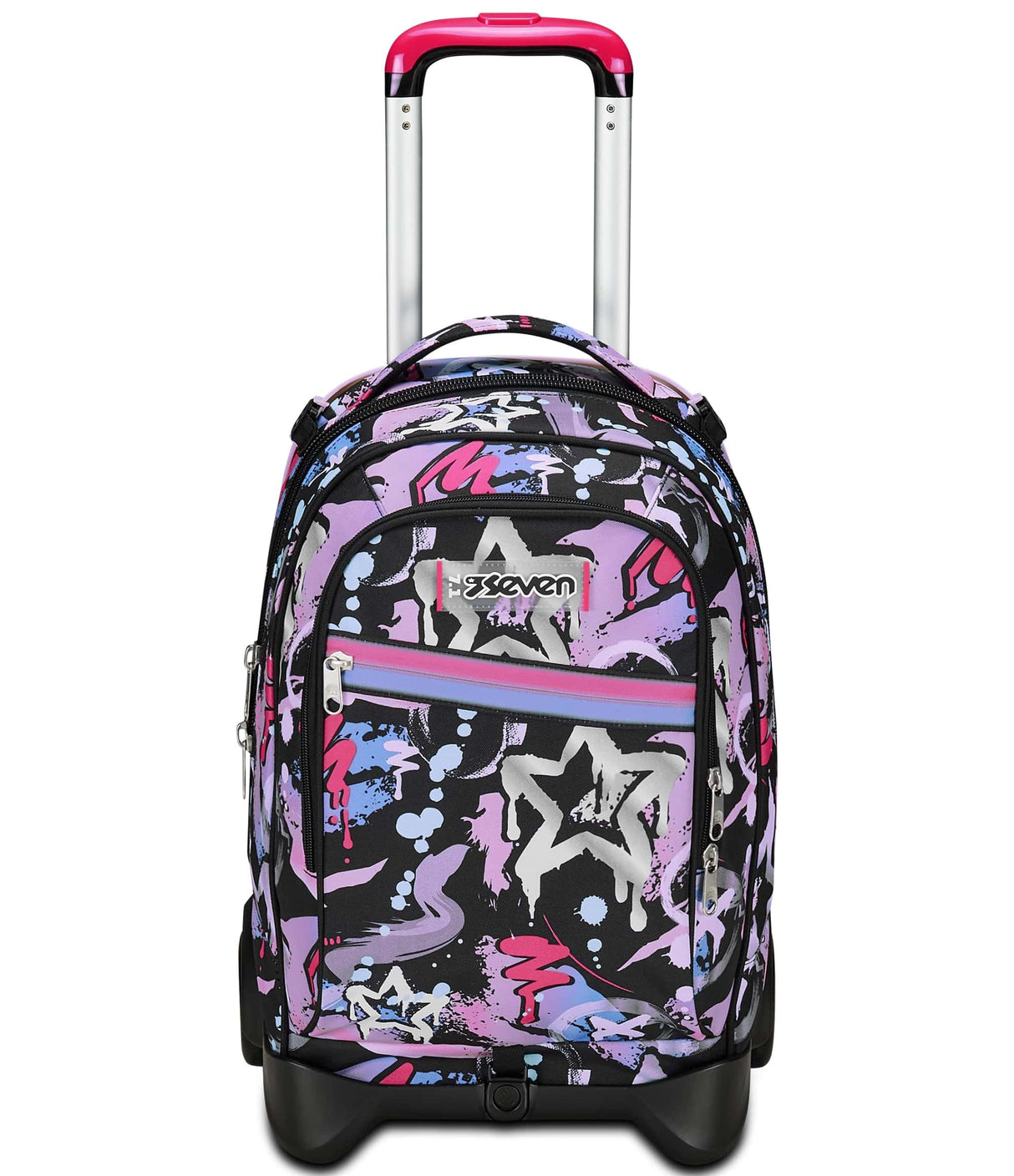 Seven - Mochila escolar Jack de 2 ruedas, color negro fucsia, Mark On Girl, 3 en 1, triple uso, mochila con carro desenganchable, bolsillo para botella y sistema cruzado, mochila escolar de viaje,
