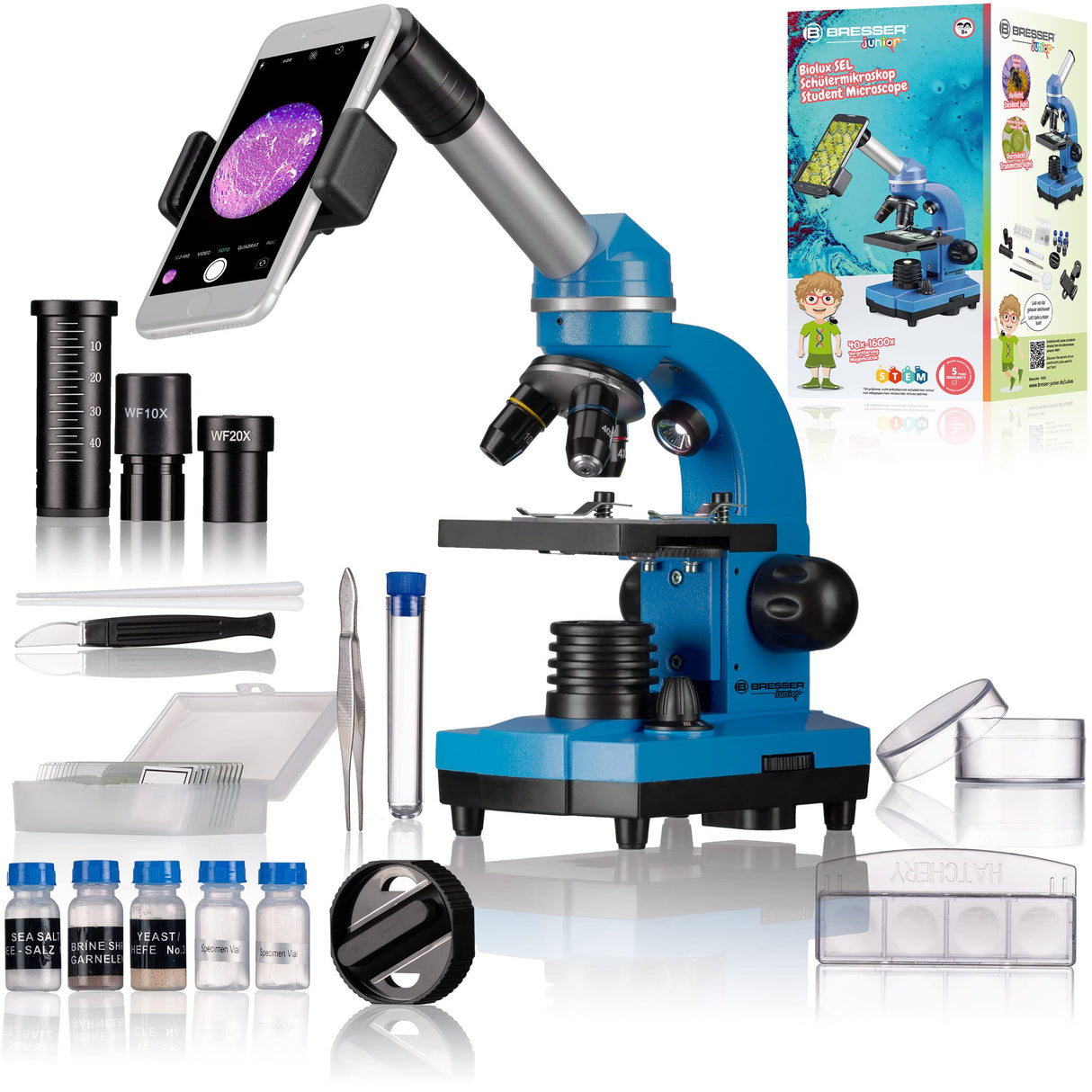 Bresser Microscopio para Estudiantes Biolux Sel con Soporte para Smartphone, Ricos Accesorios y Sistema de Zoom Barlow para niños, Principiantes y Adultos, Color Azul