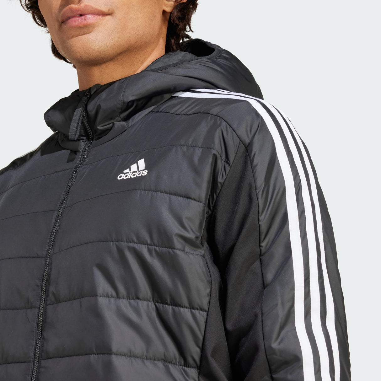 adidas Hombre Essentials 3-Stripes Insulated Hooded Hybrid Jacket, Black, S