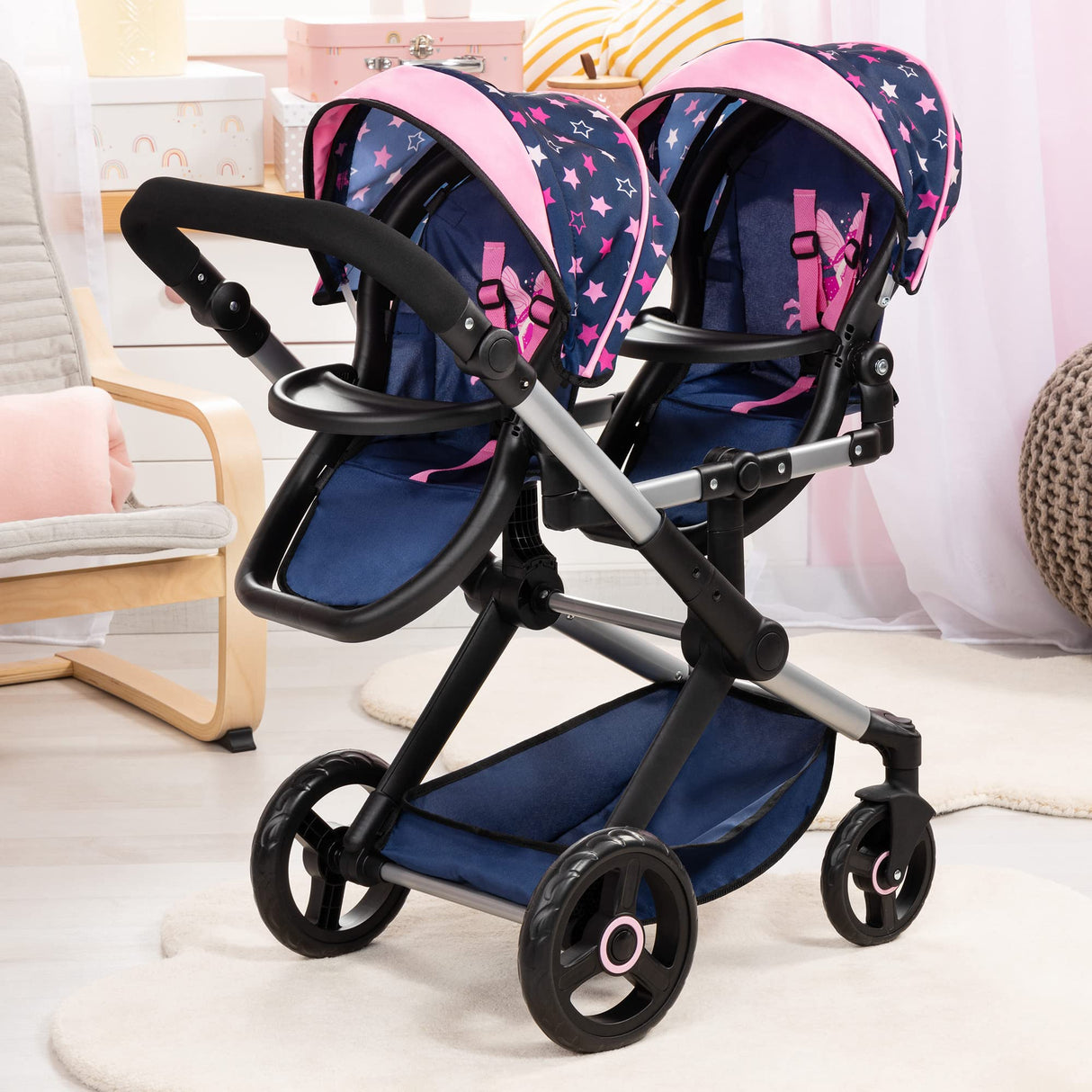 Bayer Design 26716AA Twin Xeo Cochecito de muñeca gemelas, Carrito Doble para muñecos, Altura Regulable, Ruedas Delanteras móviles, Bolsa
