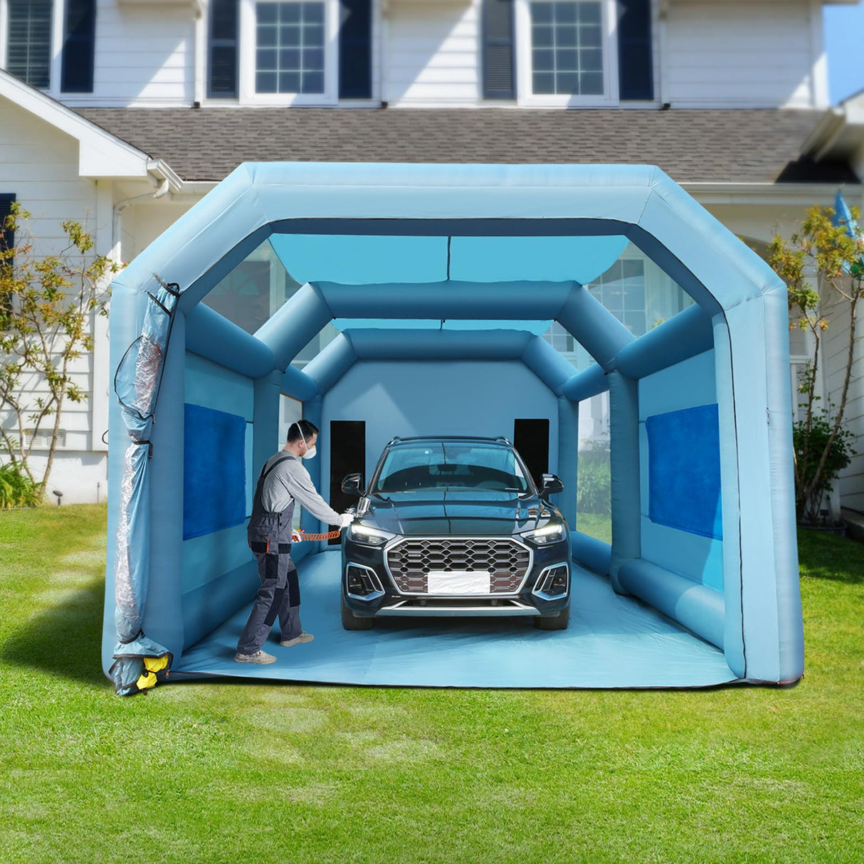 VEVOR Cabina de Pintura Inflable 8 x 4,5 x 3,3 m Carpa Hinchable de Pintura de Coches en Oxford 210D con Sistema de Filtración 2 Sopladores 960W + 750W Estación de Trabajo de Pintura Taller de Garaje