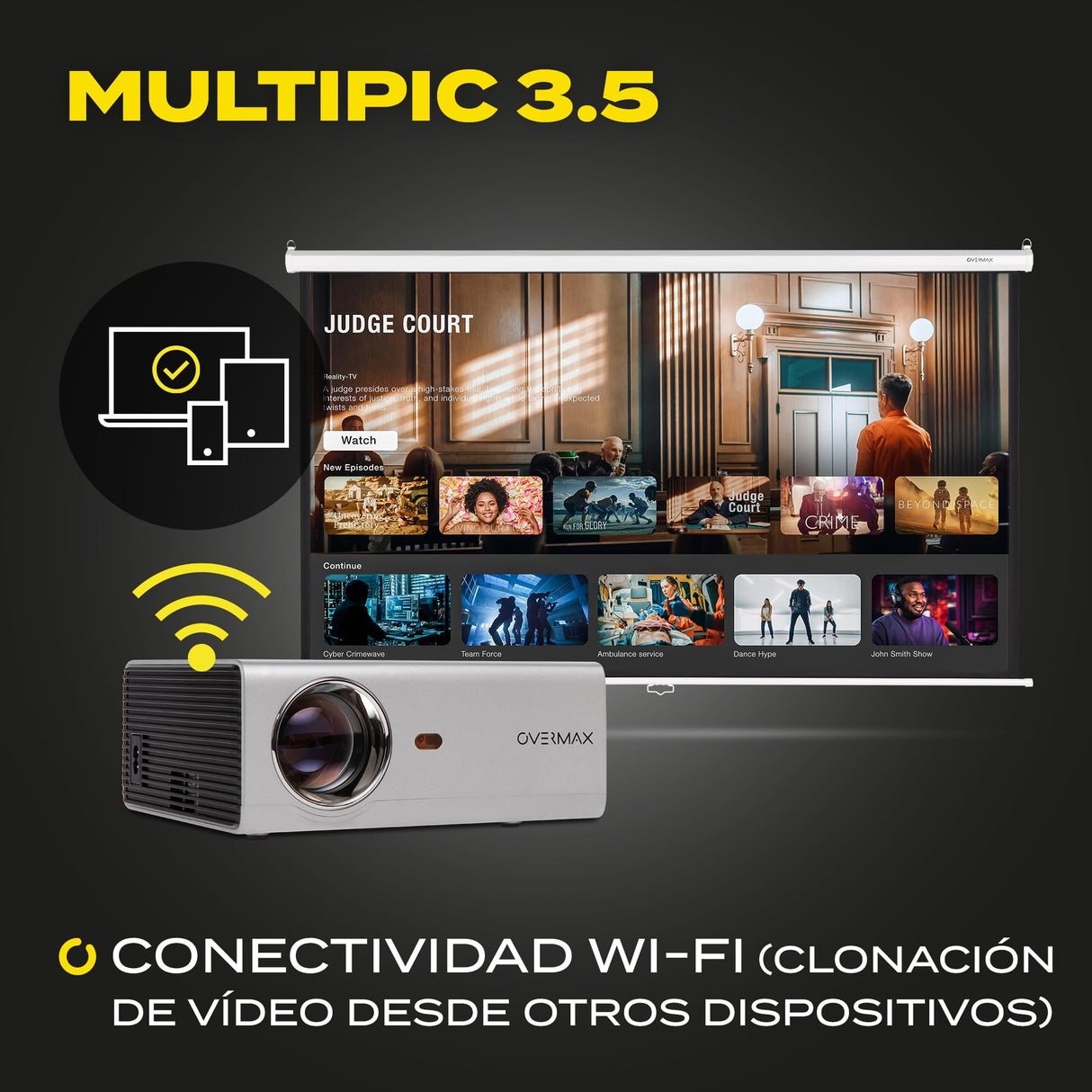 OVERMAX Proyector Multipic 3.5 Full HD LED proyector WiFi Proyector Home Cinema Proyector Incorporado Youtube Altavoz con subwoofer HDMI USB D-Sub Mando a Distancia tamaño Compacto