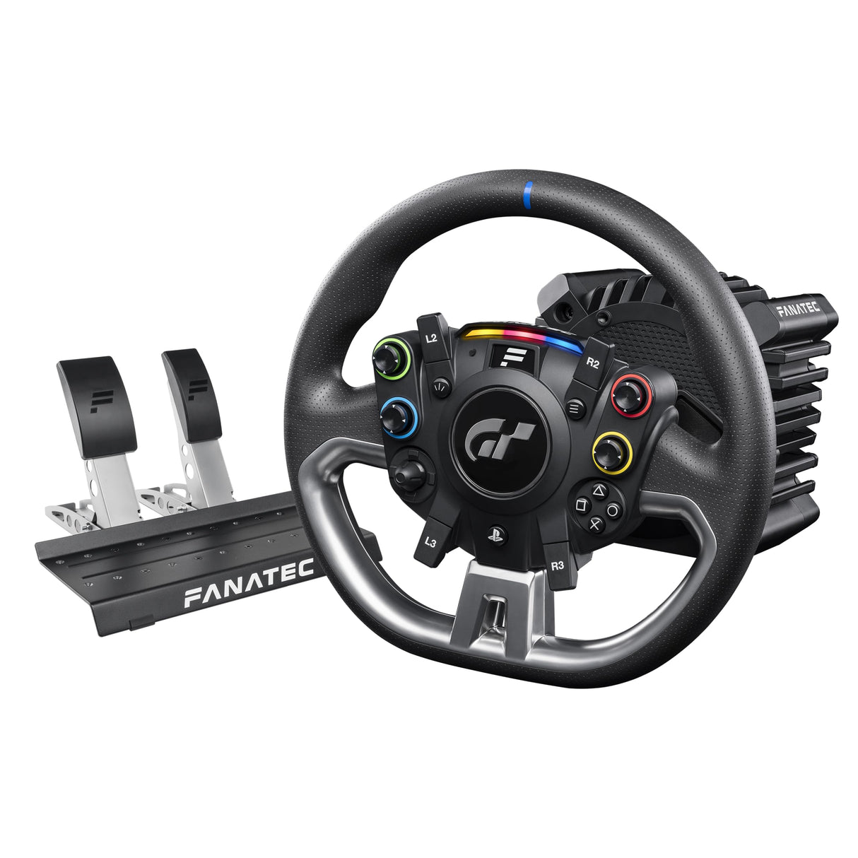 FANATEC CSL Elite Volante de Carreras, Base y Pedales Licencia Oficial Gran Turismo DD Pro Playstation – Volante Polyphony Digital, FluxBarrier Direct Drive, Juego de dos Pedales para PC, PS5, PS4