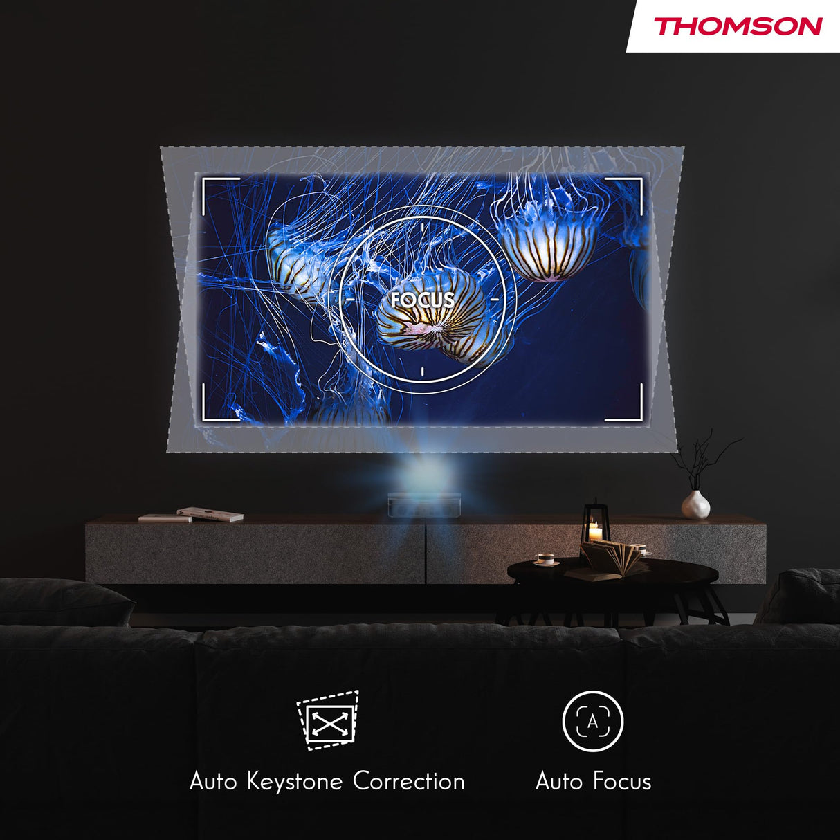 Thomson Sirius PG55B Proyector Láser RGB Inteligente, Tiro Ultra Corto, Full HD 1080p, Google TV, 600 ANSI, Auto Enfoque, HDR10+, Dolby Digital+, Batería, WiFi, Bluetooth