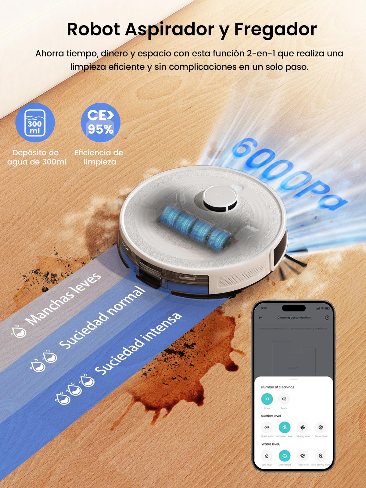 LEFANT Robot Aspirador y Fregasuelos M2 Pro, 6000Pa Succión, 140min Autonomía, Autovaciado 60 Días, Navegación dToF, Obstáculos 190° PSD, Mapeo Multinivel, Mascotas