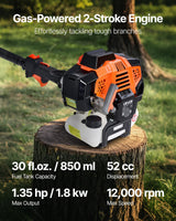 VEVOR Motosierra de Pértiga a Gasolina, Motosierra Inalámbrica de 52 cc y 2 Tiempos con Barra de Corte de 35,6 cm, Tanque de Combustible de 850 ml y Extensible de 2,2-2,94 m para Podar Árboles
