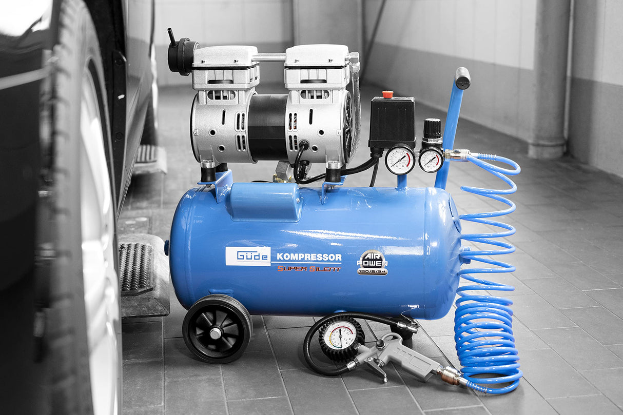 Güde Compresor Airpower 150/8/24 Silent (libre de aceite, silencioso, máx. 8 bar, 1100 W, caldera de 24 l, eff. Cantidad de suministro: 130 l/min, reductor de presión, 2 manómetros, válvula de