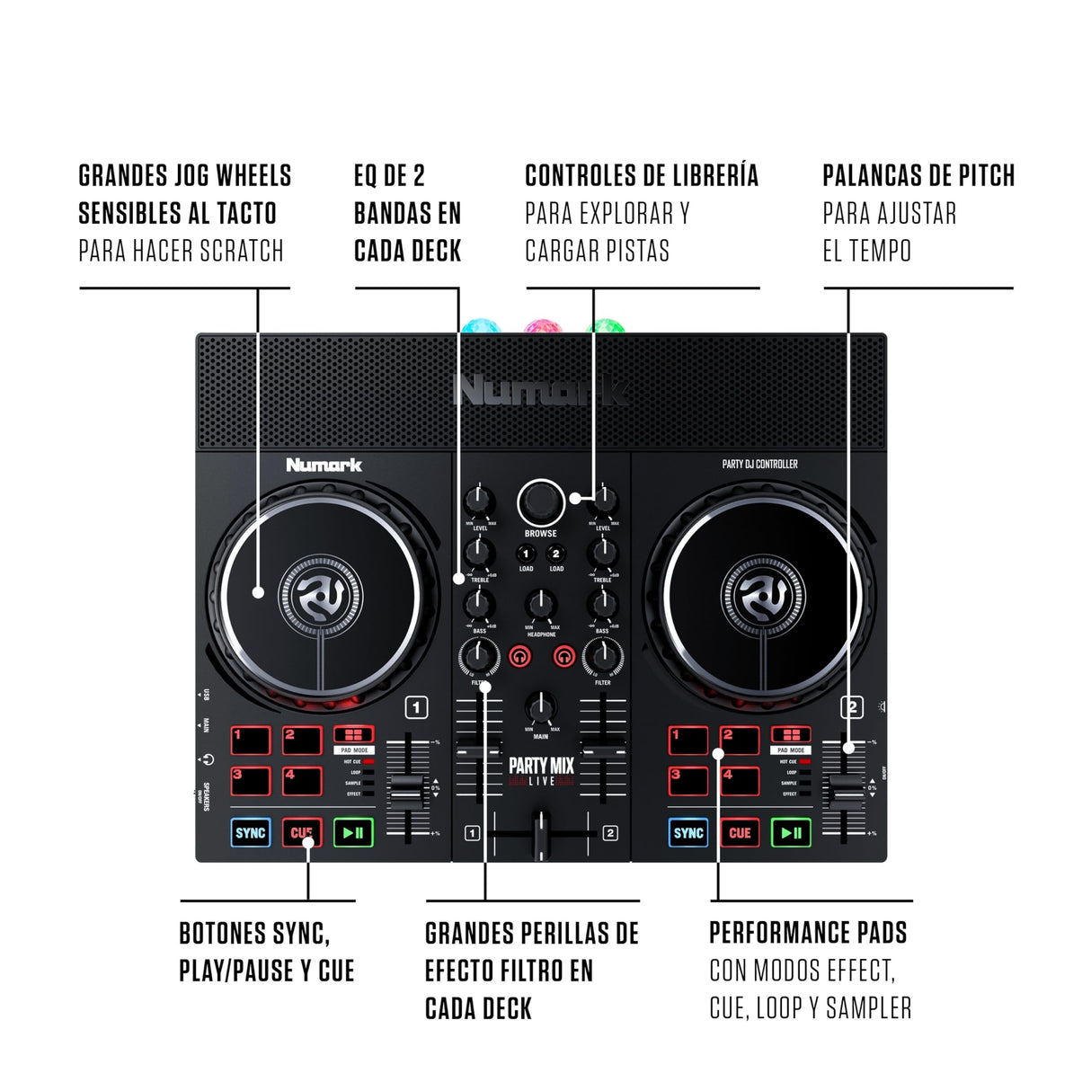 Numark Party Mix Live Controladora DJ, Mesa DJ Con Luces DJ, Altavoces, Mezclador DJ e Interfaz Audio, Con Serato DJ Lite