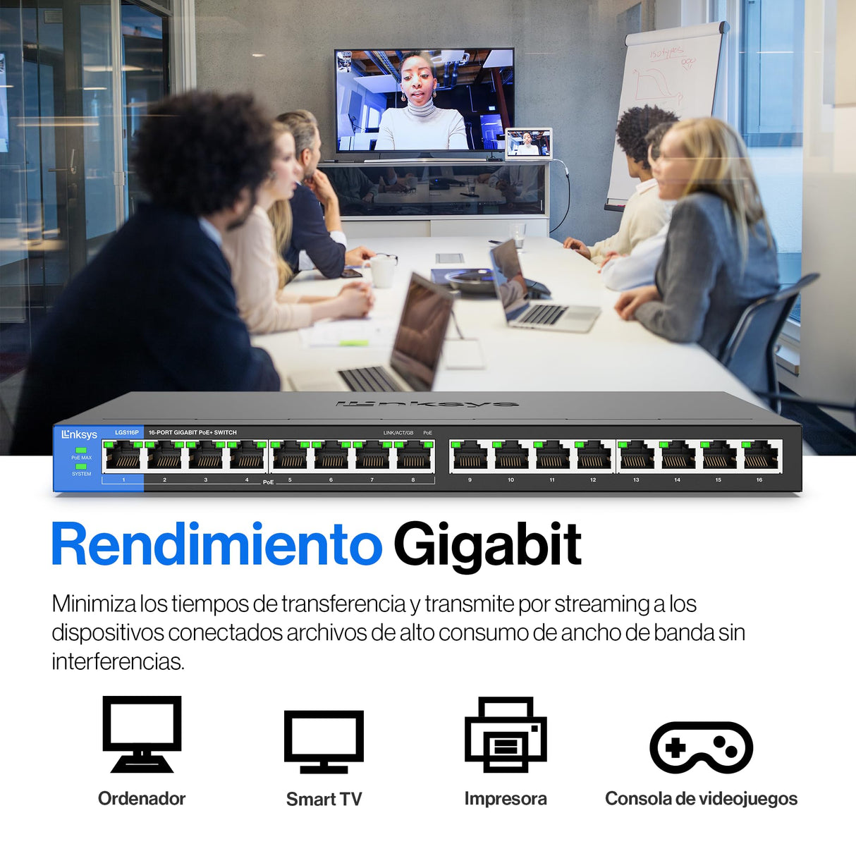 Linksys LGS116P-EU switch de red Gigabit no administrado de 16 puertos con 8 puertos PoE+, hasta 1000 Mbps, para empresas y particulares, vigilancia IP, divisor Ethernet de sobremesa
