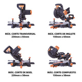 Evolution Power Tools R210SMS+ Ingletadora deslizante multimaterial de 210 mm, con paquete Plus, Corta acero dulce, aluminio, plástico, madera con clavos incrustados, 230 V