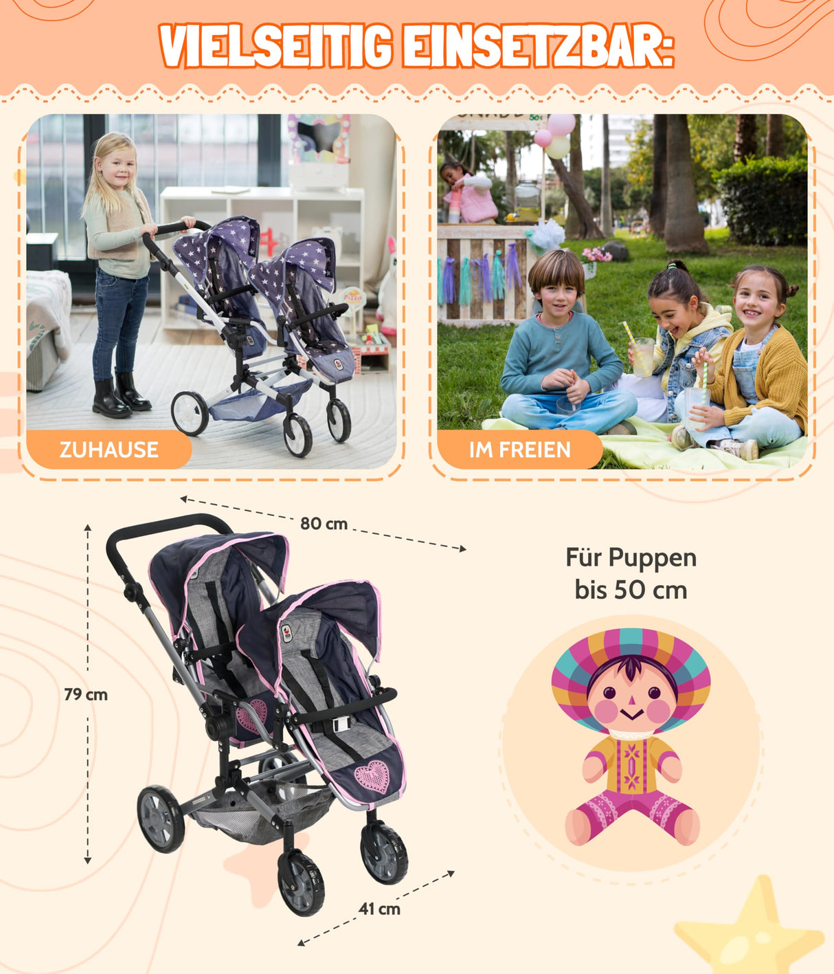 Bayer Chic 2000 - Cochecito para muñecas Linus Duo para niños de 4 a 8 años, Color Rosa Vaquero, 690-62