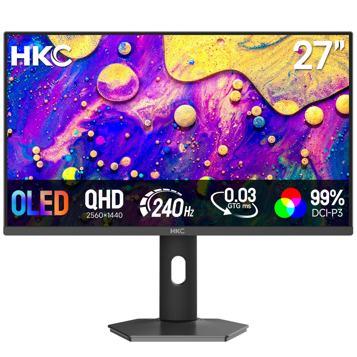 HKC Monitor OLED para Juegos de 27 Pulgadas, 240 Hz, QHD (2560 × 1440), 0,03 ms, HDR True Black 400, 99% DCI-P3, Eye Care, HDMI 2.1, DP 1.4, VESA 100 × 100, Ajuste de Altura e Inclinación, Gris