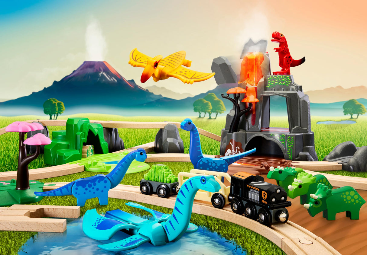 BRIO - Kit de Construcción Jurásico Deluxe, Circuito de Tren, Dinosarios, Volcán con Sonidos, Accesorios, Niños 3 Años o más