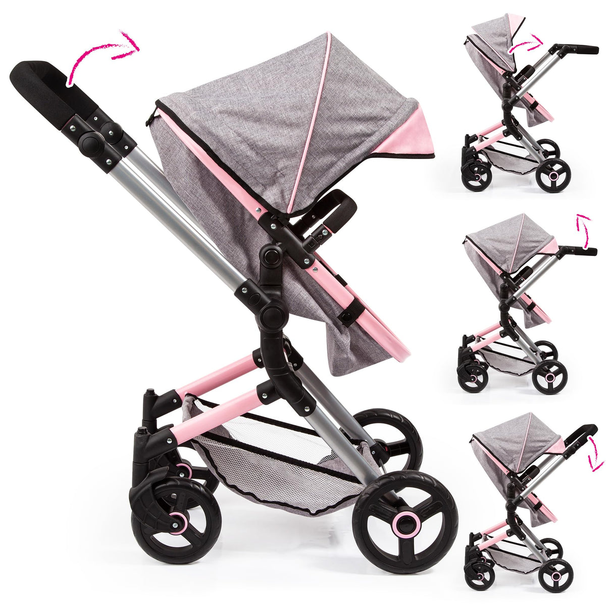 Bayer Design- Cochecito de Muñecas Neo Vario Combolso Cambiador, Convertible, Plegable, Color Vaqueros Grises, Rosa, Mariposa (18433Aa)