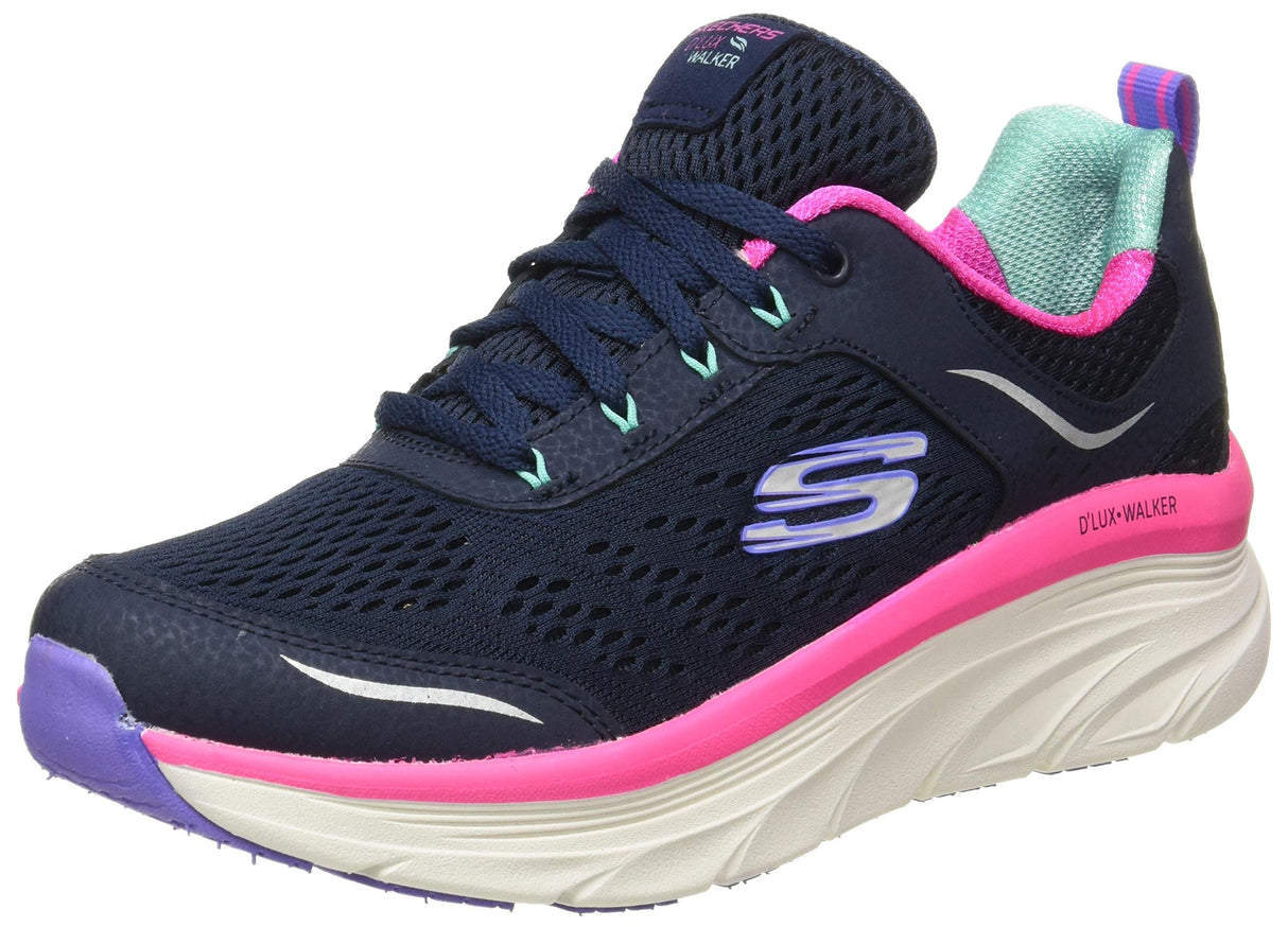 Skechers D'lux Walker Infinite Motion, Zapatillas Mujer, Navy Silver Leather Pink Mesh White Tri, 40 EU