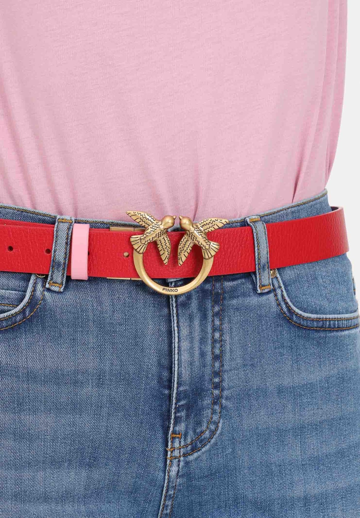 Pinko Love Berry H3 Belt Piel Bottalata+Vit.Seda Cinturón, Rn6q_Mult.Rojo/Rosa-Antique Gold, L para Mujer