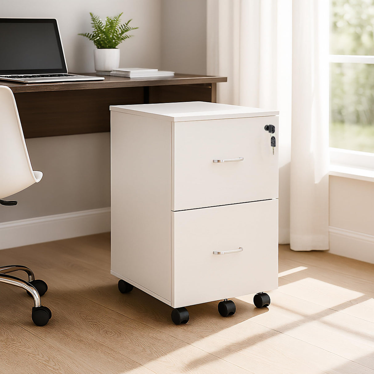 Relaxdays Mueble Archivador, 2 Cajones para Ficheros, 72 x 43 x 46 cm, Cajonera Oficina, Cierre con Llave, Blanco