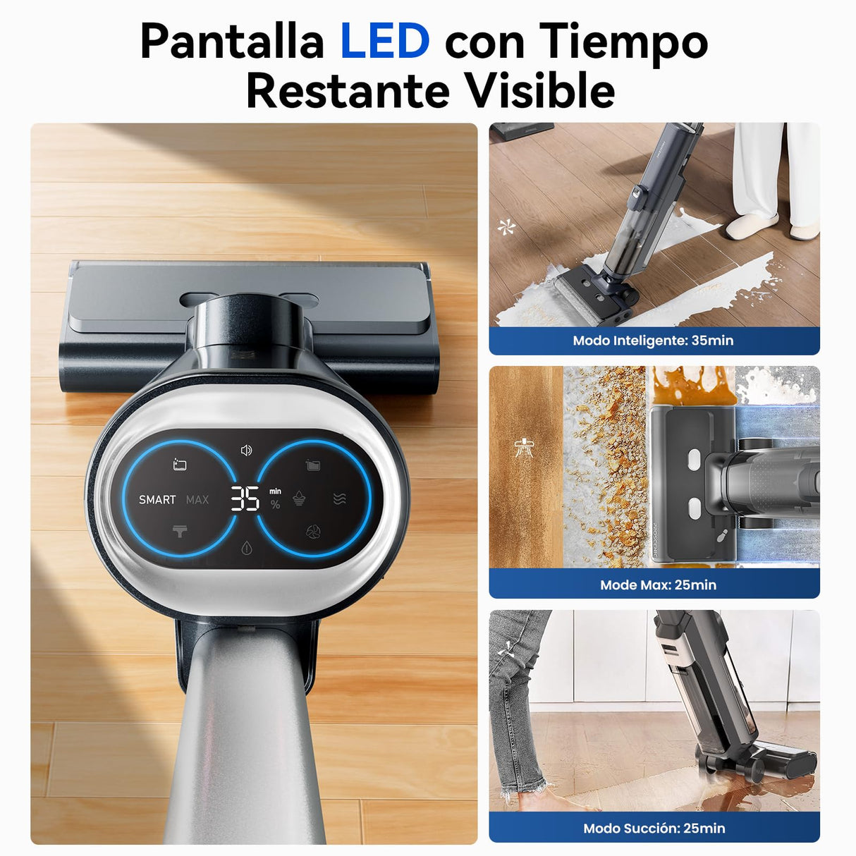 proscenic F20A Aspirador Escoba sin Cables en Seco y Húmedo,35Min, 2L Tanque Agua, Limpieza de Bordes, Autolimpieza, Secado por Aire Frío, LED Pantalla, Suelos Duros y Pelo de Mascotas