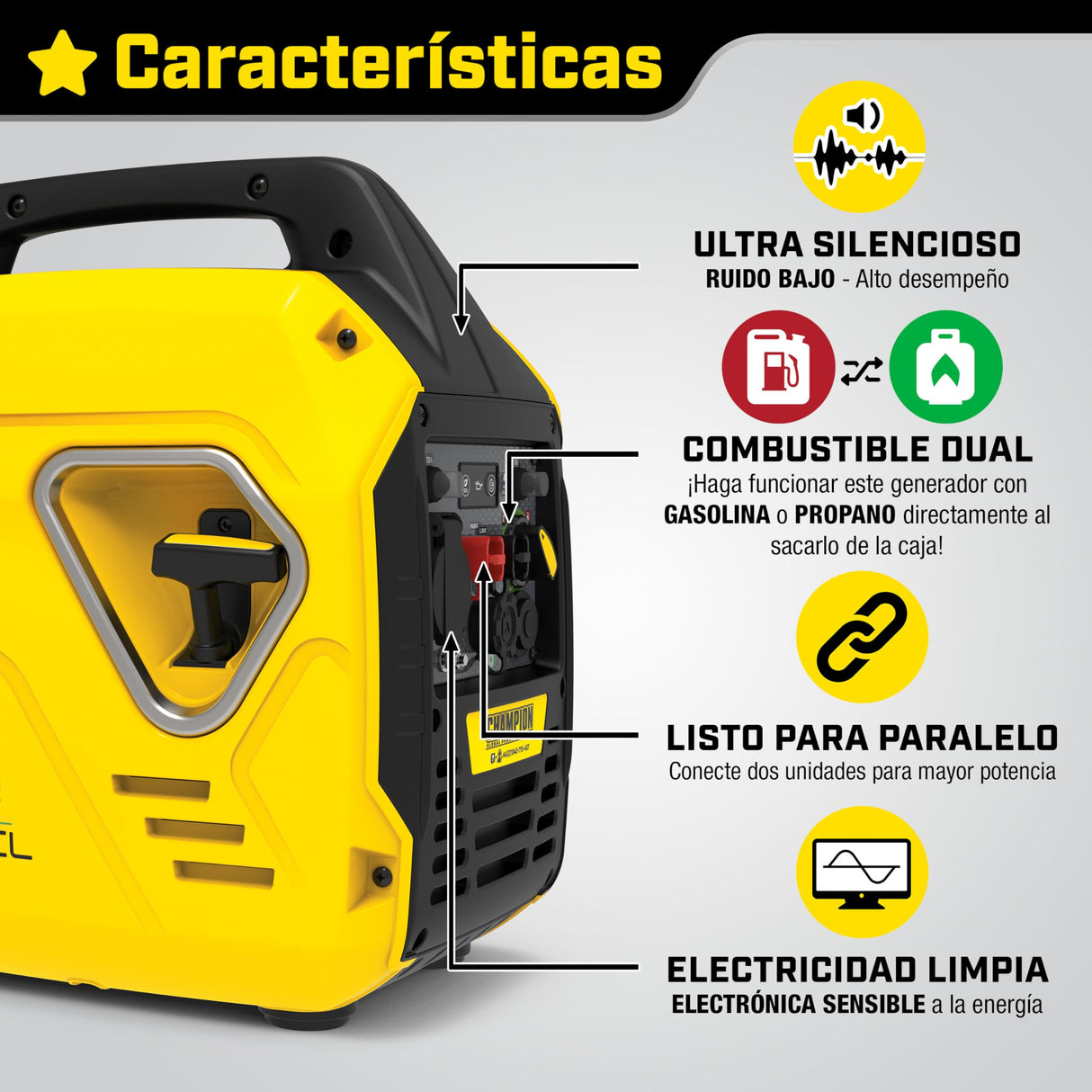 Champion 2200 "The Mighty Atom" (generador de combustible dual GLP/gasolina, 2,2 kW, con indicadores LED, con modo ECO) 92001i-DF-EU