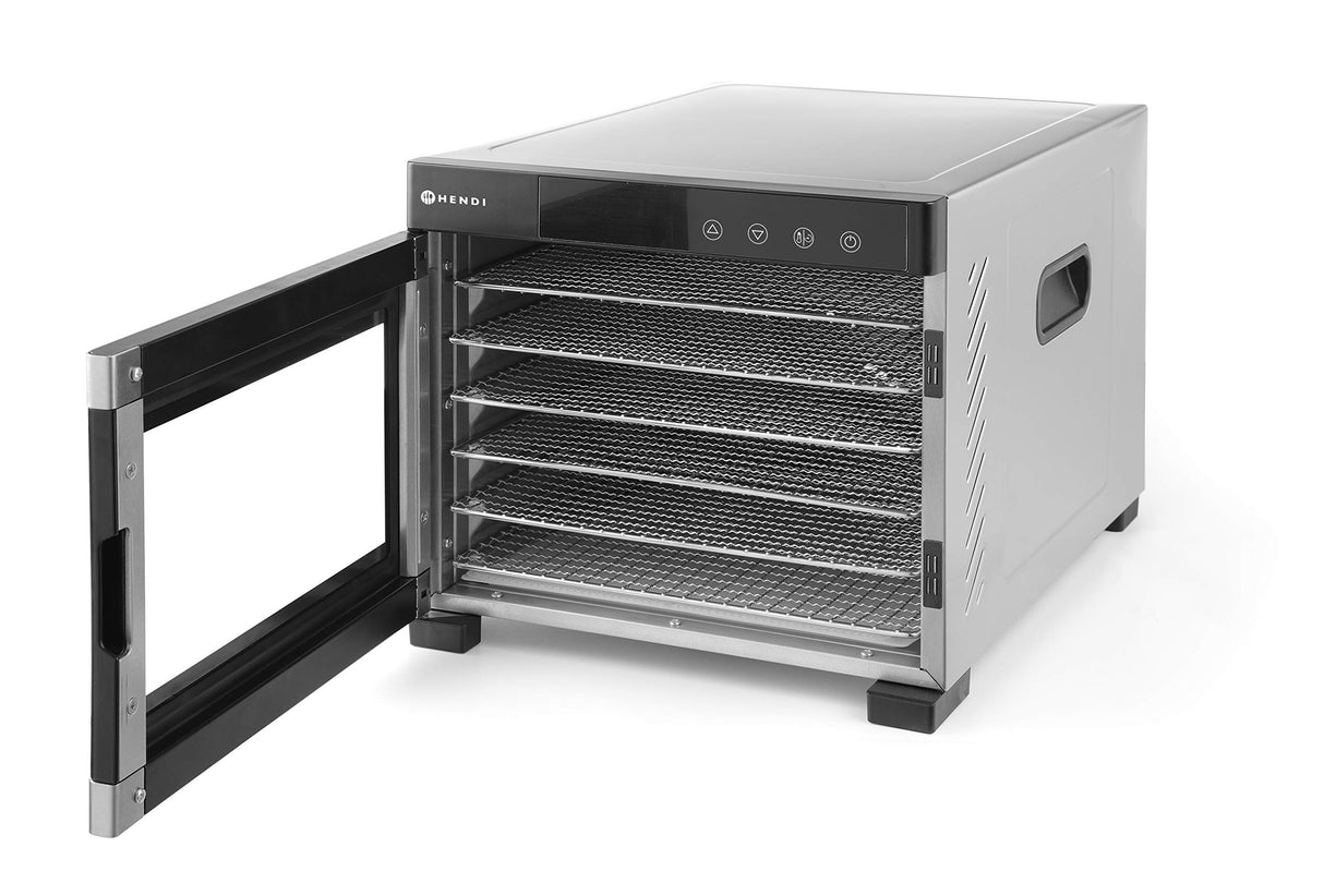 HENDI Deshidratador de alimentos, con 6 bandejas, secador eléctrico de frutas y verduras, temporizador de 24 hrs, temperatura regulable 35°-75°C, 230V, 600W, 340x450x(H)311mm, acero inoxidable, PP