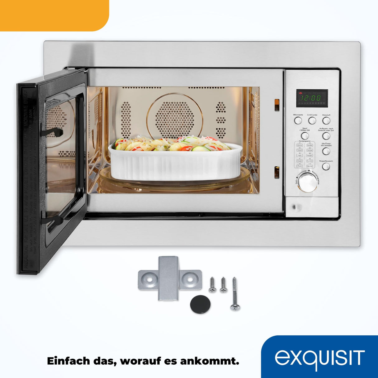 Exquisit® Microondas Combi de Encastre con Marco, 25L, 900W, Grill 1100W, 10 Niveles de Potencia en Función Convección, Acabado Acero Inox, Display Digital, Plato 31,5Cm, Medidas 38,2x59,5x1,9 Cm.