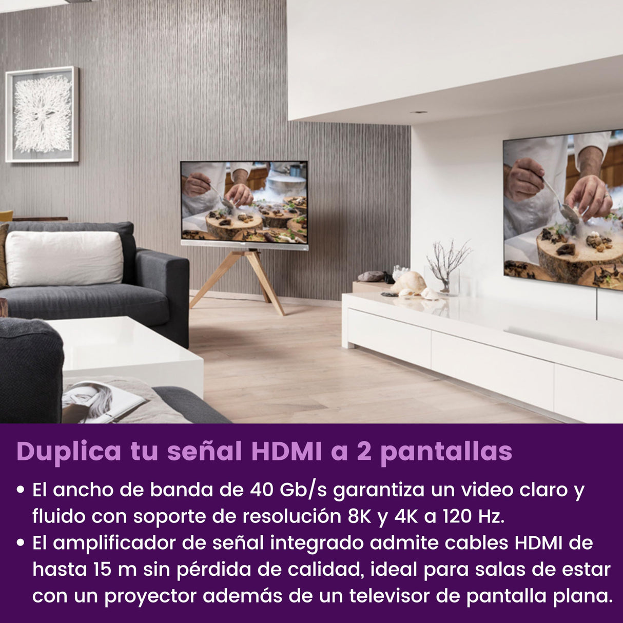 Splitter HDMI 4K120 Gaming - Marmitek Split 712-1 Entrada / 2 Salidas - 8K60 - Distribuidor - 48Gbps - HDR 120 Hz - HDMI 2.1 - VRR-ALMM-QMS-QFT - Conmutador EDID - Carcasa metálica