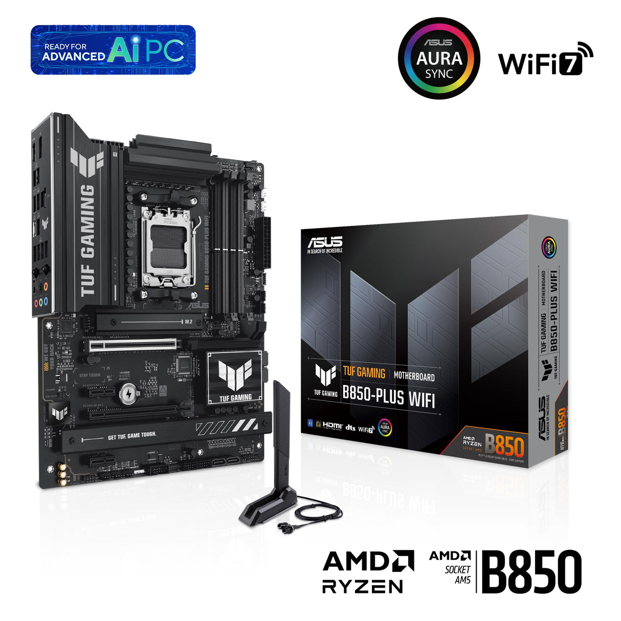 ASUS TUF GAMING B850-PLUS WIFI - Placa base AMD ATX, 14+2+1 etapas de potencia DrMOS 80A, DDR5, PCIe 5.0, 3 ranuras M.2, WiFi 7, Realtek 2.5Gb Ethernet, DisplayPort, HDMI, USB 20Gbps Tipo-C, Aura Sync