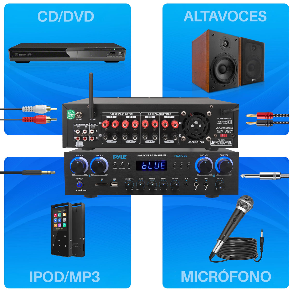 Pyle Amplificador de Sonido, Cine en casa, 800W, Bluetooth, Estereo, para el hogar, 4 Canales, con MP3/USB/SD/AUX/RCA/FM, Microfono, Auriculares, Volumen LED