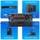 Pyle Amplificador de Sonido, Cine en casa, 800W, Bluetooth, Estereo, para el hogar, 4 Canales, con MP3/USB/SD/AUX/RCA/FM, Microfono, Auriculares, Volumen LED