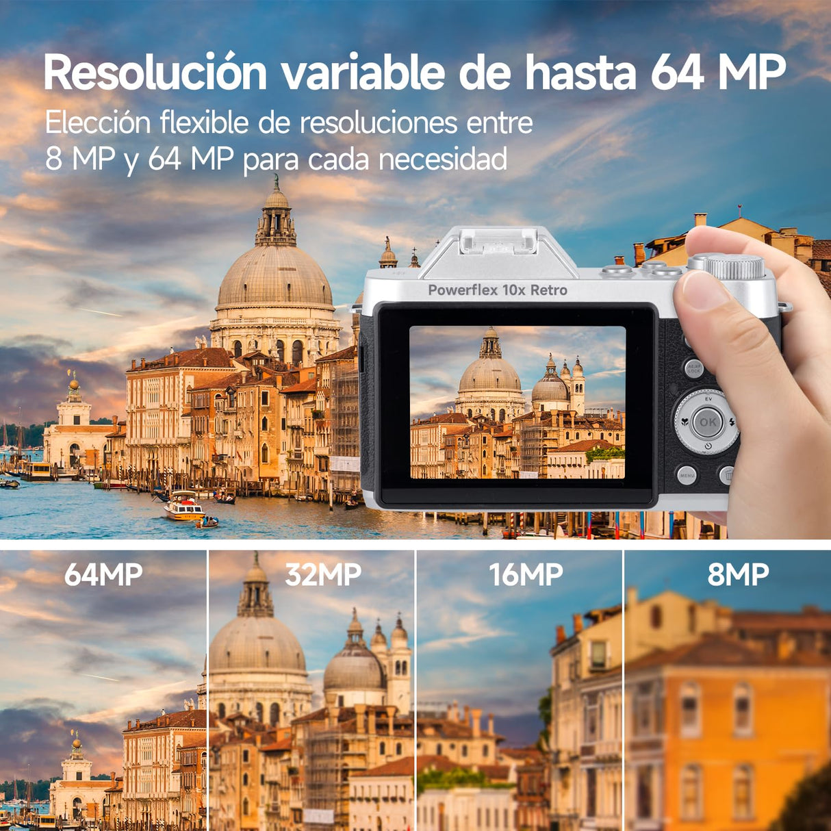 Rollei Powerflex 10x Retro Cámara Digital, 64MP 4K Camara de Fotos con Batería y Zoom Digital 10x Cámara con 8 Modos 2.88" LCD Cámara Fotografica Portátil Vintage, Cámara-Digital-Fotos-Fotografica