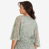 Maya Deluxe Womens Midi Ladies Sequin Embellished Cape Sleeve Wrap Dress for Wedding Guest Bridesmaid Cocktail Prom Evening Vestido, Green Lily, 44 para Mujer