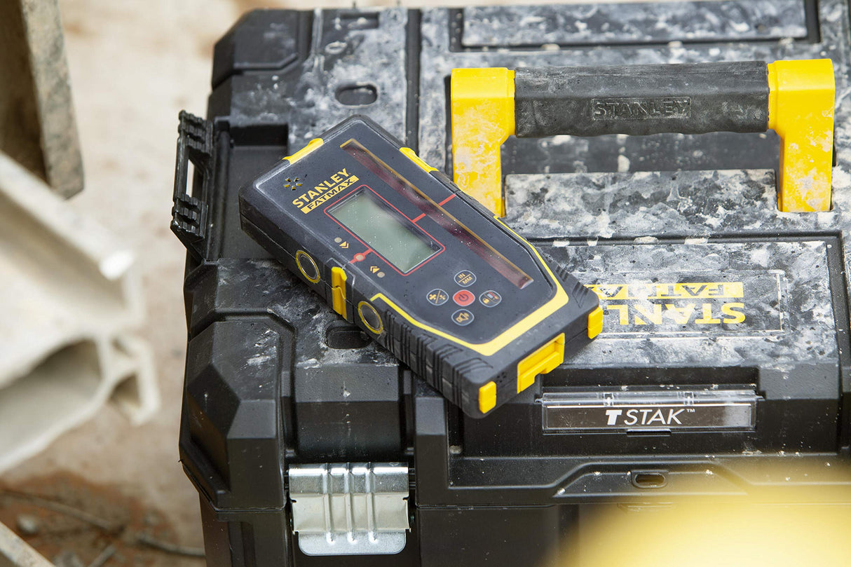 Stanley FatMax - Receptor láser rotativo (para láser rojo, gran área de trabajo: Ø 600 m, radio 300 m, 2 niveles de precisión, ventana de receptor extragrande), color negro y amarillo