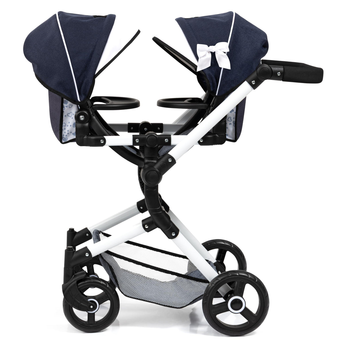 Bayer Design 26281AA Cochecito de muñeca gemelas, Carrito Paseo para muñecos, Ajustable en Altura, Plegable, con Bolsa