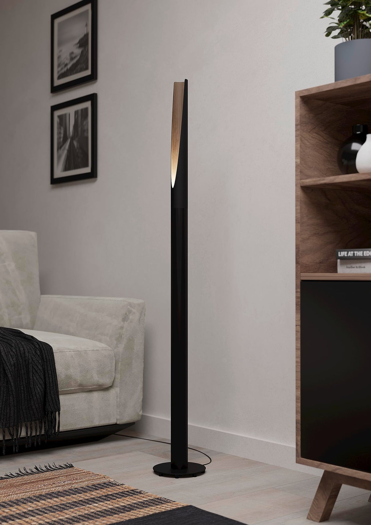 EGLO LED Barbotto Lámpara de pie elegante, lámpara esquinera, de pie de acero negro y madera natural, lámpara para salón, blanco cálido, 137 cm