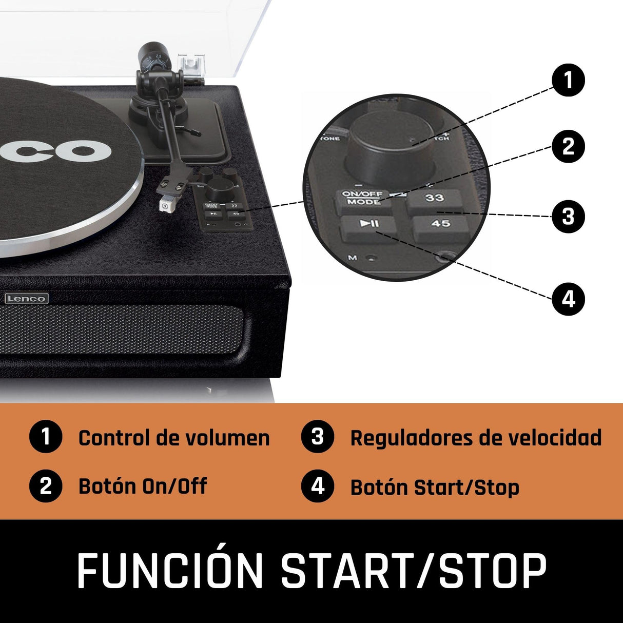 Lenco LS-430 -Tocadiscos Bluetooth - altavoces integrados 40 vatios RMS - transmisión por correa - control de tono - preamplificador - salida RCA y entrada AUX - 3,5 mm - negro