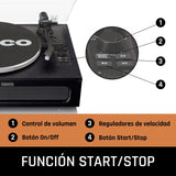 Lenco LS-430 -Tocadiscos Bluetooth - altavoces integrados 40 vatios RMS - transmisión por correa - control de tono - preamplificador - salida RCA y entrada AUX - 3,5 mm - negro