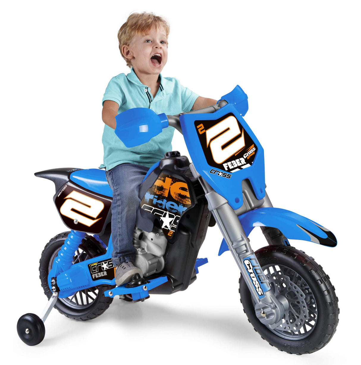 Feber - Rider Cross Azul con Casco, Moto Eléctrica de 6V, Motocross de Juguete, Aspecto y Pegatinas Deportivas, Tiene Pedales y Ruedines, para Niños y Niñas Entre 2 y 7 años, Famosa (800012224)