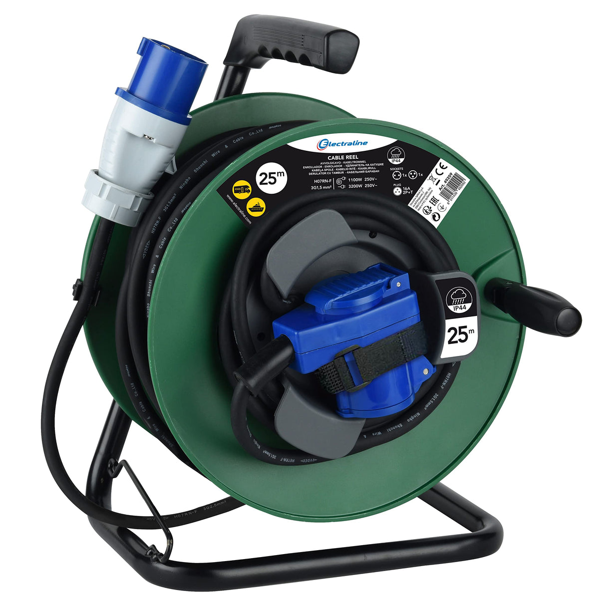 Electraline 49209 Enrollacables eléctrica de 25 m para campistas, camping, caravana, con toma CEE de 3 polos y enchufe industrial IEC - IP44, Verde/Negro