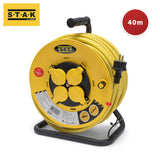 Stak REELPRO-FR-40 - Enrollador eléctrico profesional, tambor fijo, resistente al agua IP44 cable 40 m de goma 3G2,5 mm2 para obras, bricolaje, jardín, 4 enchufes, chasis de acero, color amarillo