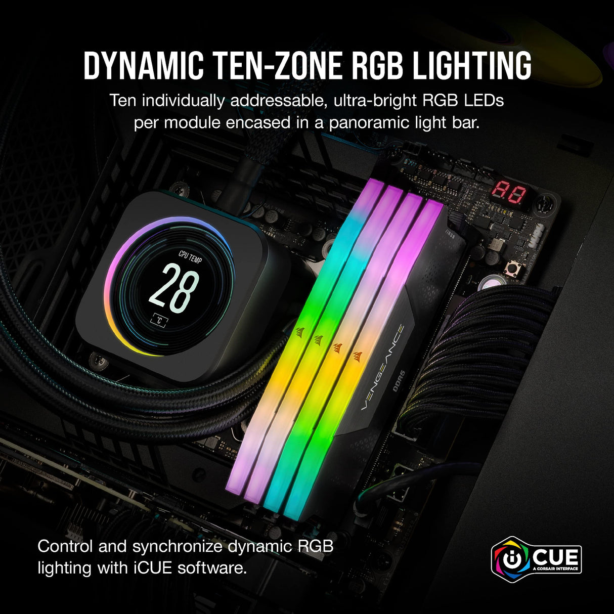 Corsair Vengeance RGB DDR5 32GB (2x16GB) 5200Mhz C40 Memoria per Desktop (Regulación de Voltaje a Bordo, perfiles XMP 3.0 Personalizados, Factor de Forma Compacto, Optimizadas para Intel) Negro
