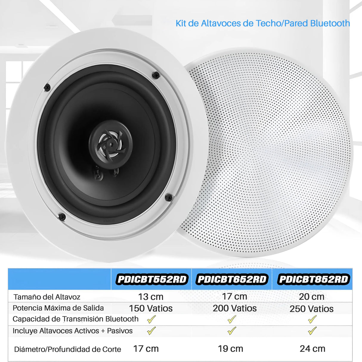 Pyle altavoces empotrables, Bluetooth, Pared, Techo, 5.25”, 150W, Dos vias, Estereo, Estereo, Rejilla redonda/cuadrada intercambiables