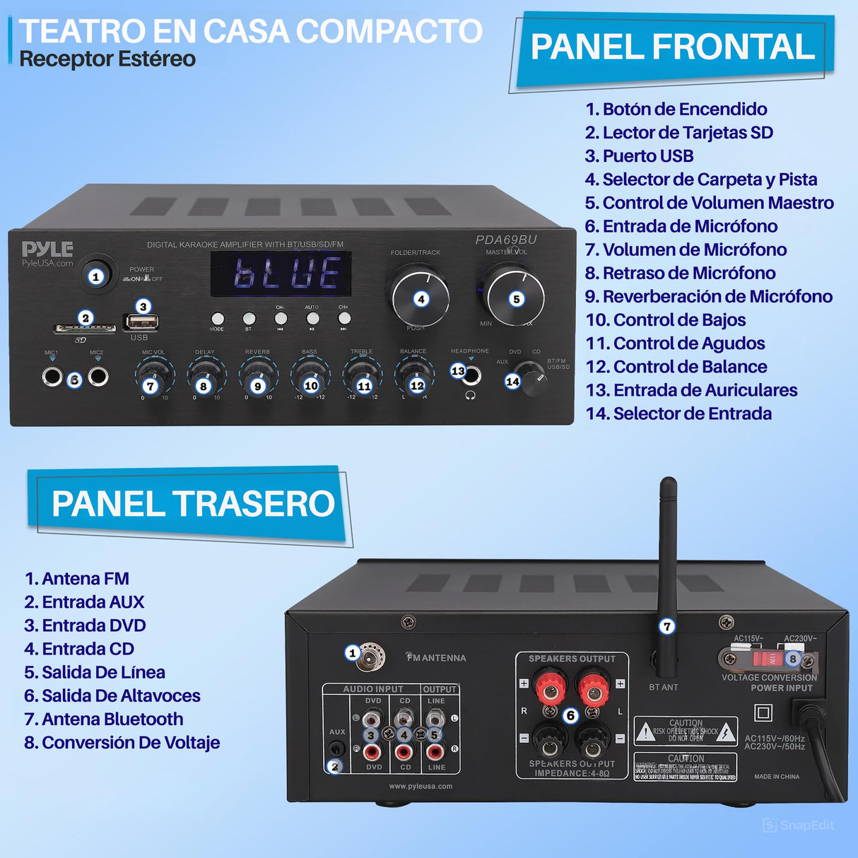 Pyle Amplificador de Audio, para el hogar, Estudio, 300W, Bluetooth, Estereo, 2 Canales, Sistema de Audio MP3, USB, SD, AUX, RCA, Microfono, Audiofonos, FM, LED