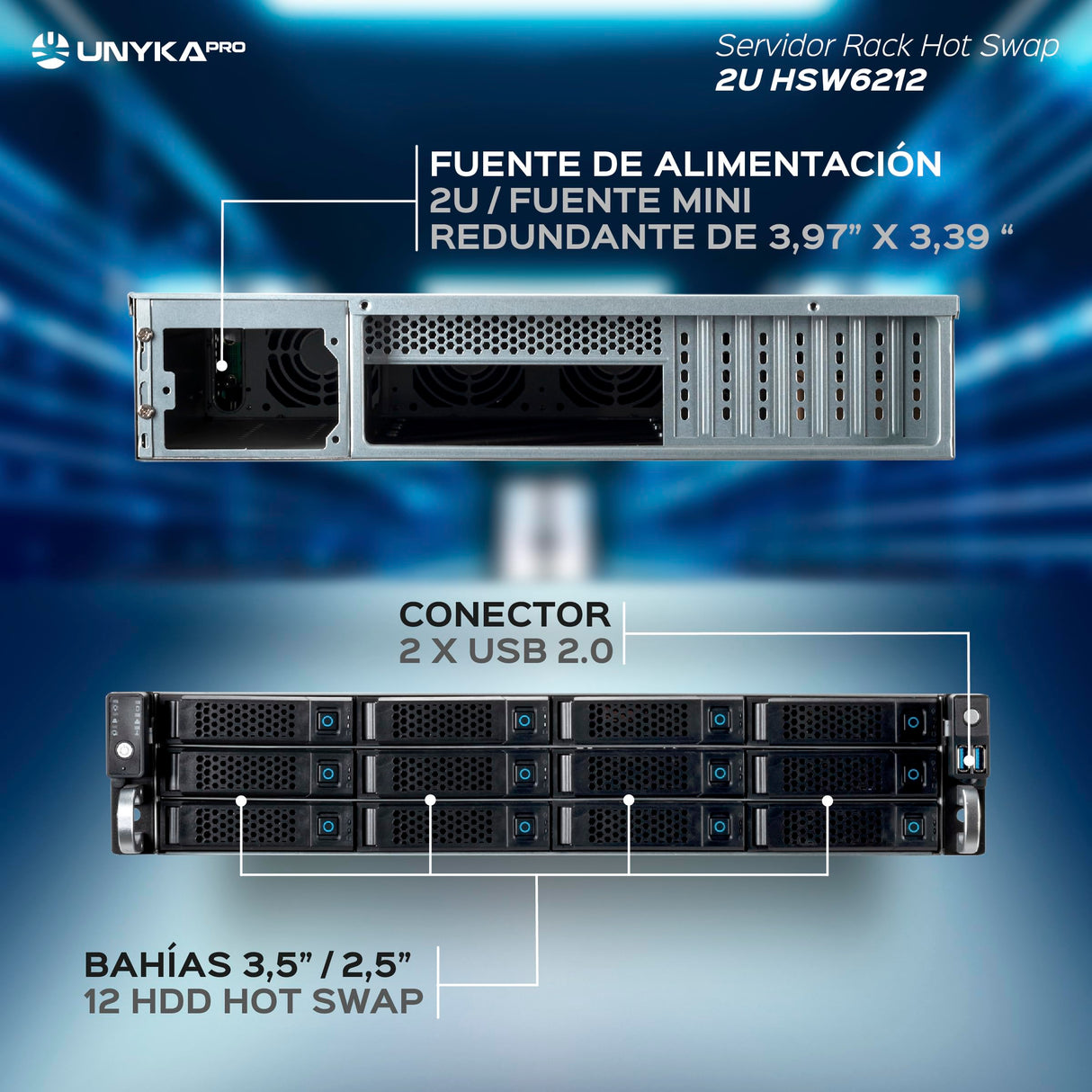 UNYKAch Caja Rack HSW6212 Hot Swap (Sustitución de Bahías en Caliente) 2U, ATX, 12 Bahías Compatibles con Discos de 3,5″ o 2.5”, 4 Ventiladores de 80 mm, 2 USB 2.0