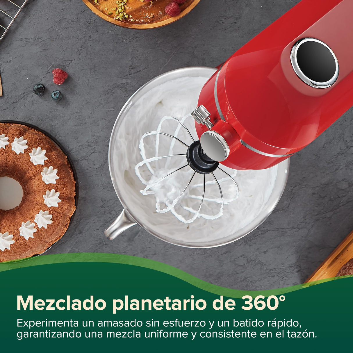 CHEFREE Batidora Amasadora Multifunción 1800W, 10 Velocidades de Rotación Planetaria, Robot Cocina con Bol de 7L, Gancho de Repostería, Batidor, Mezclador, Cuerpo de Metal, Rojo, M500