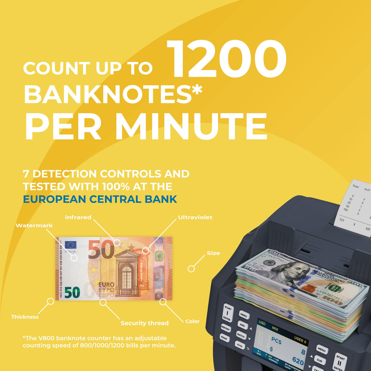Detectalia V800 - Contadora de valor de billetes y clasificadora EUR, GBP, USD, CHF, MAD. Impresora térmica integrada, encara, orienta, reconoce números de serie - 28 x 28 x 29 cm