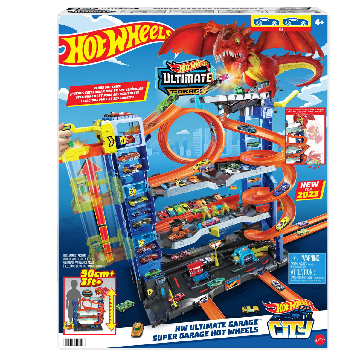 Hot Wheels City “Let's Race - ¡a Correr!” Netflix - Garaje definitivo Pista para Coches de Juguete con dragón y 4 Niveles, Incluye 2 vehículos, +4 años (Mattel HKX48)